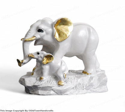 White & Golden Elephant with Baby Statue Decorative Showpiece for Home Office