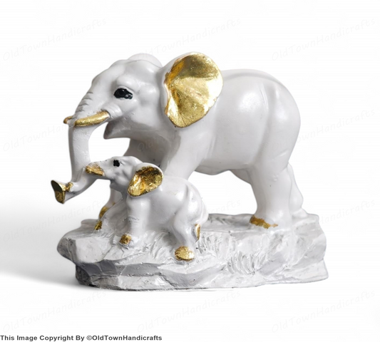 White & Golden Elephant with Baby Statue Decorative Showpiece for Home Office