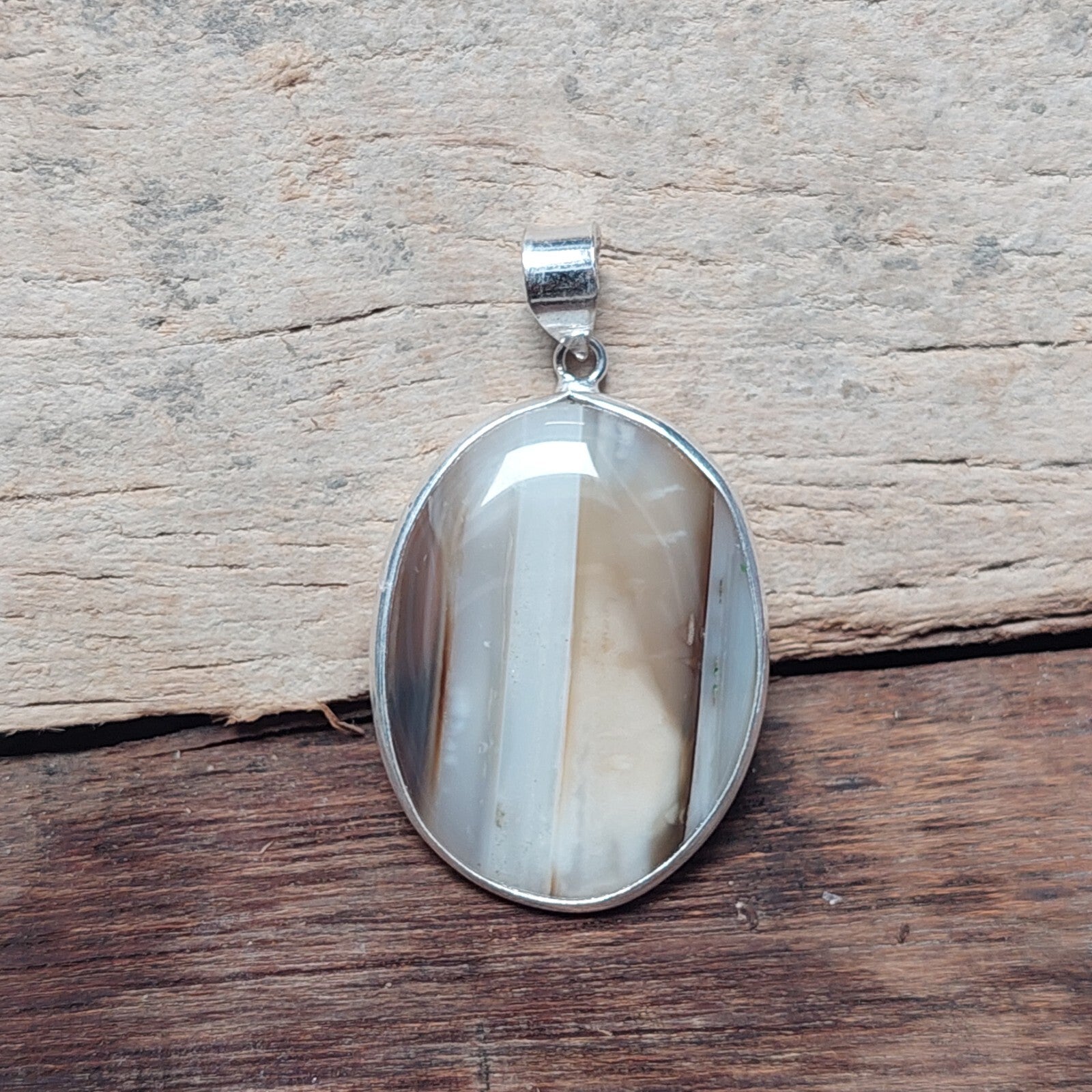 Oval Grey Banded Agate Pendant 925 Sterling Silver Perfect Gift For Anyone