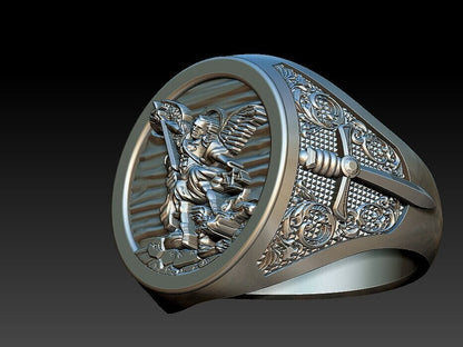 St Michael Sword Ring 925 Sterling Silver Archangel Signet Style Men Ring US5–15