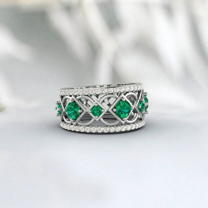 Lab Created Emerald 925 Sterling Silver Rose Gold Prong Stacking Matching Band 