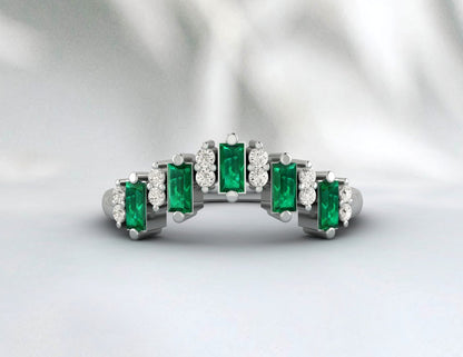 Baguette Green Emerald Crown Wedding Band Fine Silver Daimond Lab Created Band