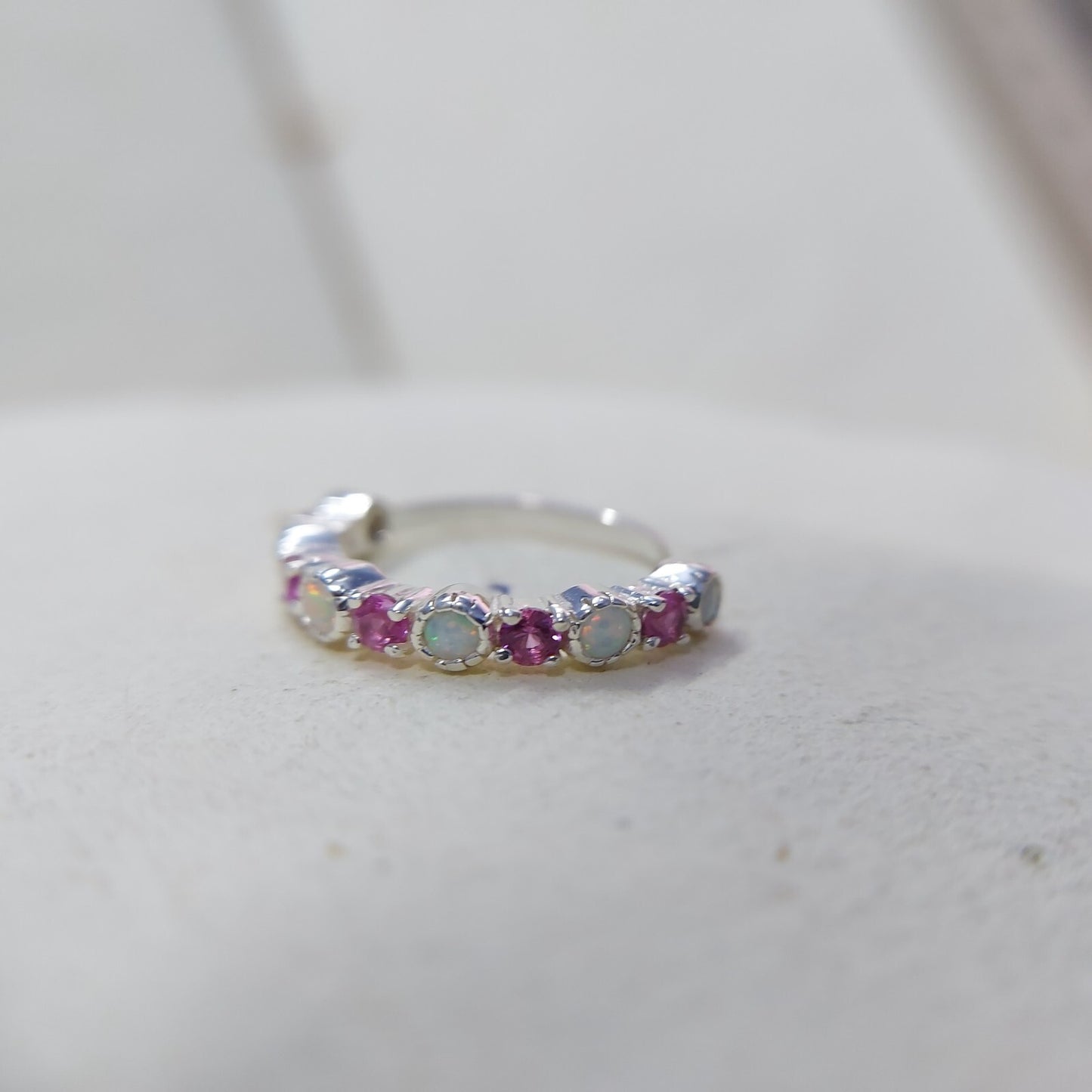 Opal and Ruby Wedding Ring Half Eternity Band Silver Stackable Band Gift Us5~ 15