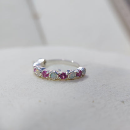 Opal and Ruby Wedding Ring Half Eternity Band Silver Stackable Band Gift Us5~ 15