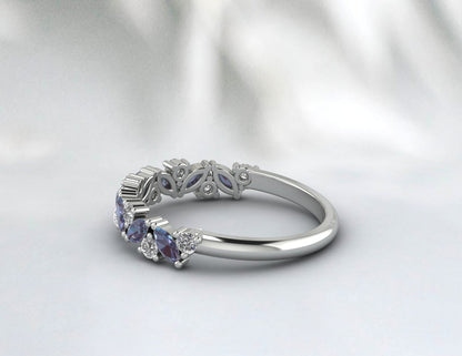 Natural Marquise Alexandrite Wedding Band Half Eternity 925 Silver Birthstone