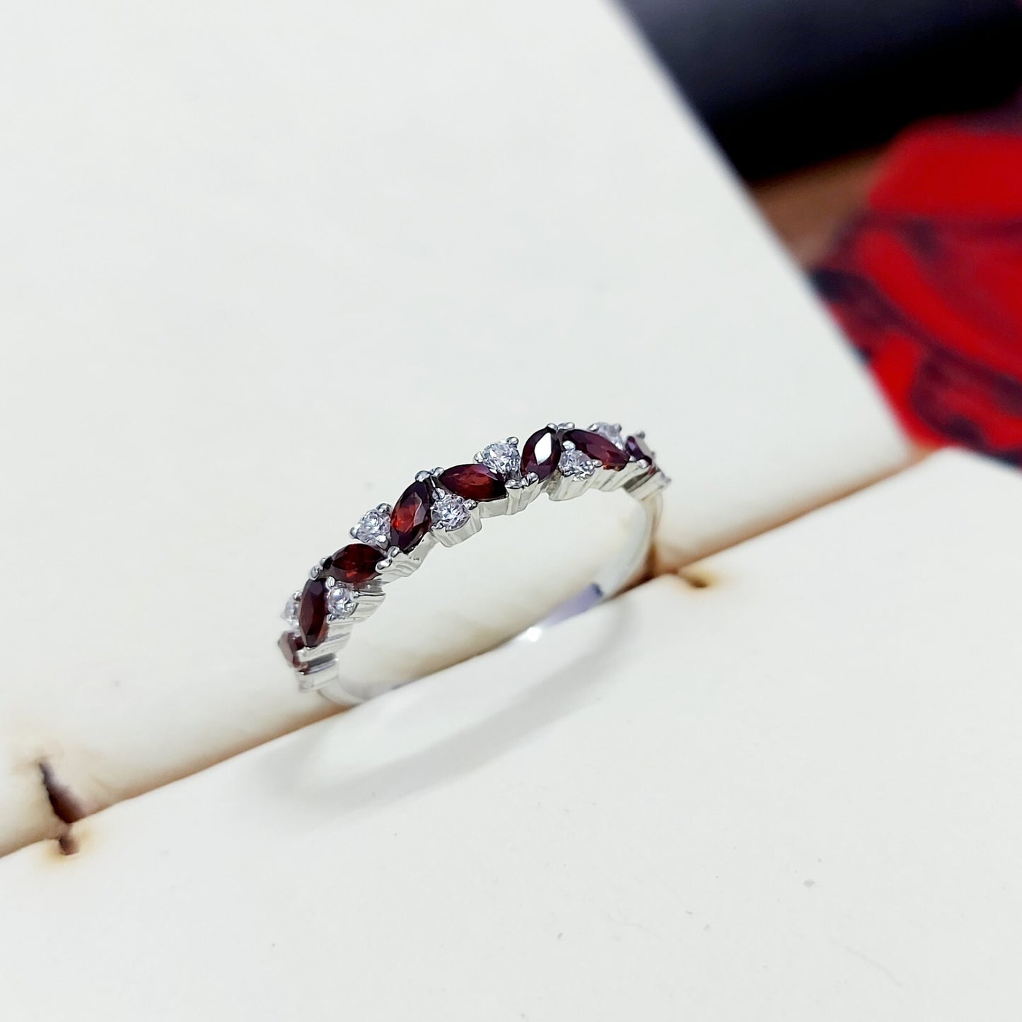 Marquise Cut Red Garnet Half Band Engagement Ring 925 Silver Women Ring Us5~15