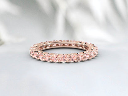 Natural Round Peach Morganite Band Eternity Matching Promise Fine Silver Band