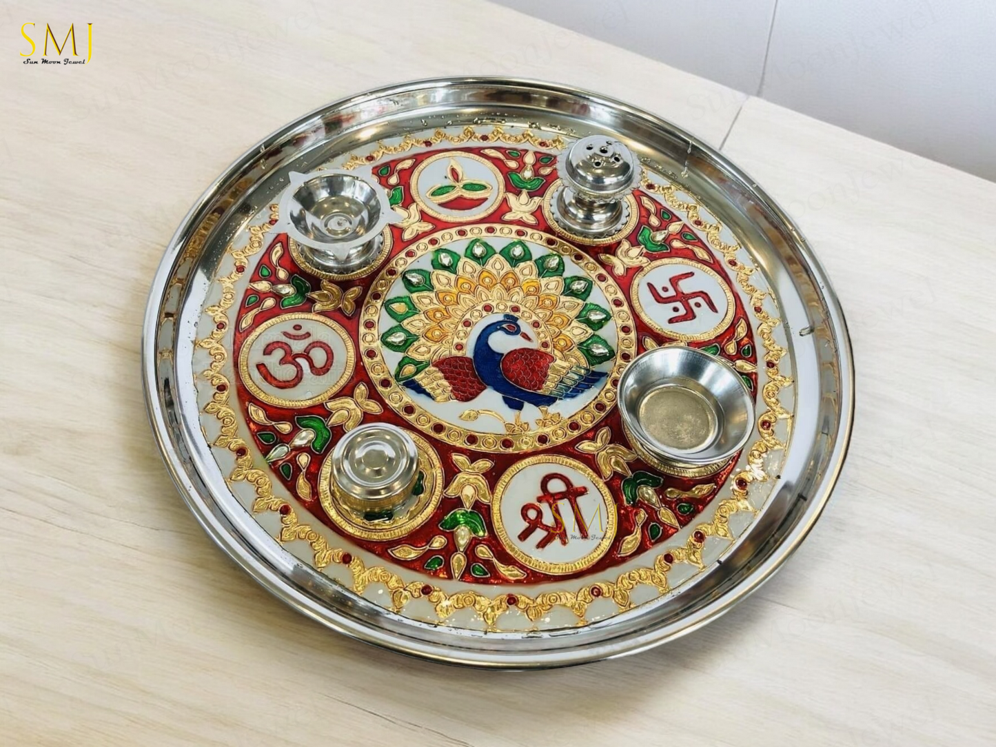 Meenakari Puja Thali with Diya Puja Thali Handcrafted For Home Office Temple Use