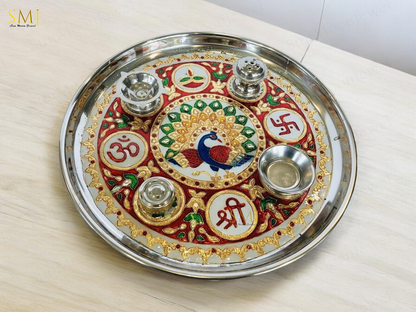 Meenakari Puja Thali with Diya Puja Thali Handcrafted For Home Office Temple Use