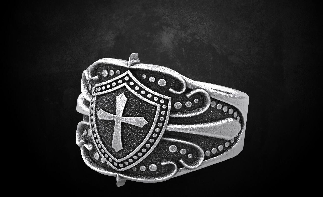 Crusader Shield Ring Silver Cross Religious Jewelry for Him US 7-15 Unisex Gift
