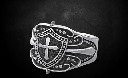 Crusader Shield Ring Silver Cross Religious Jewelry for Him US 7-15 Unisex Gift
