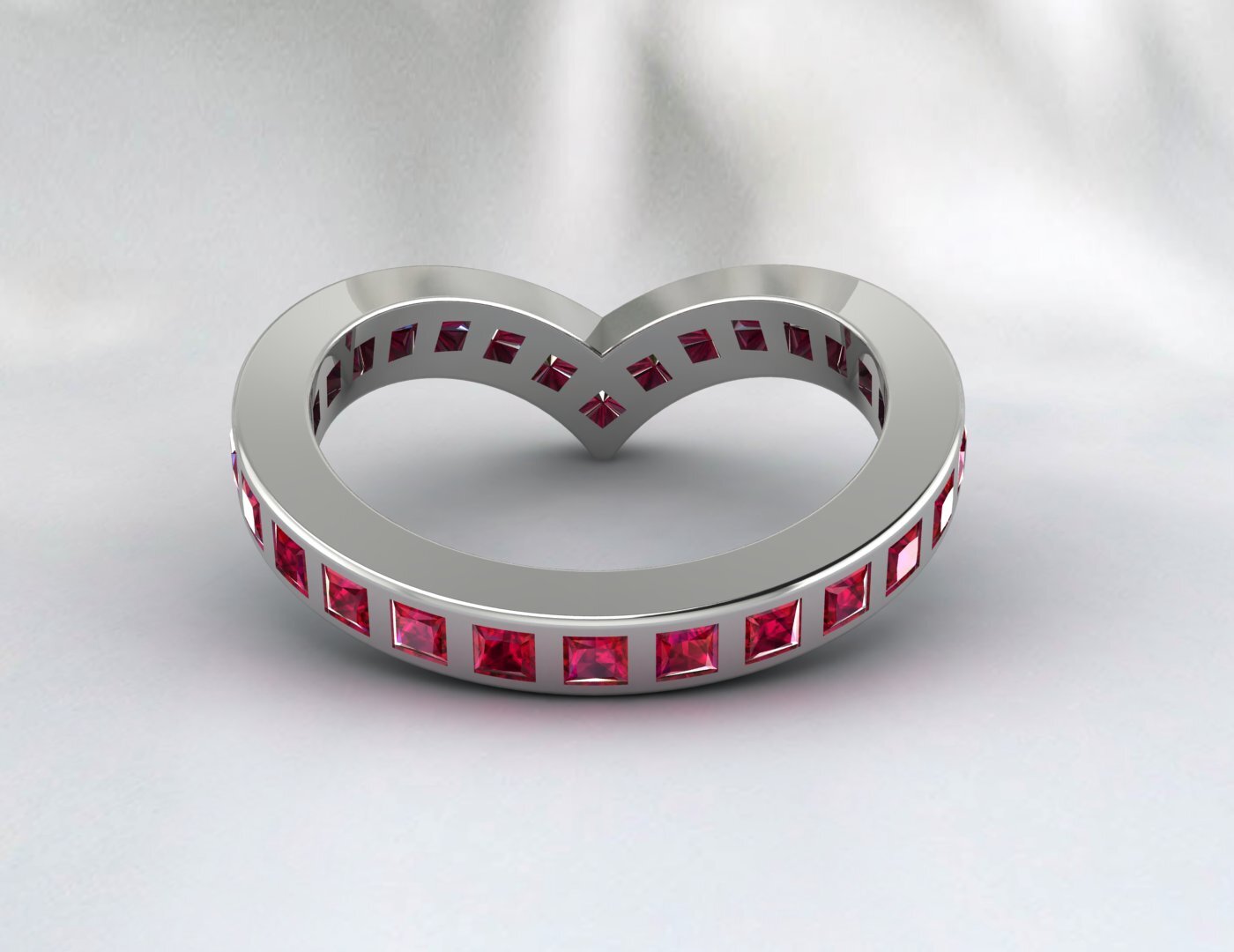 Princess Cut Red Ruby Wedding Band Fine Silver Lab Created Curved Band Bezal Set