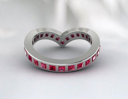Princess Cut Red Ruby Wedding Band Fine Silver Lab Created Curved Band Bezal Set