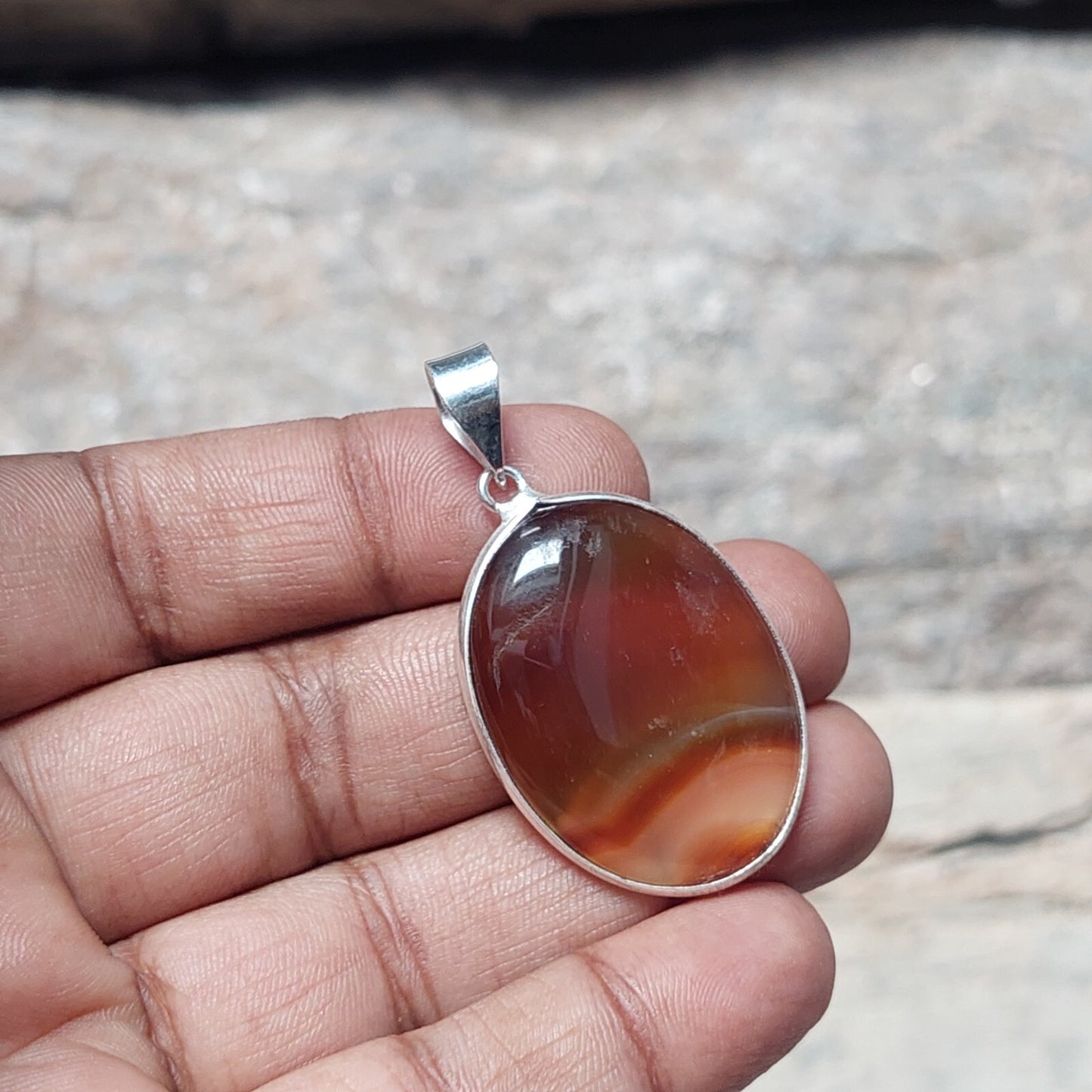 925 Sterling Silver Orange Banded Agate Slice Gemstone Pendant Necklace For Girl