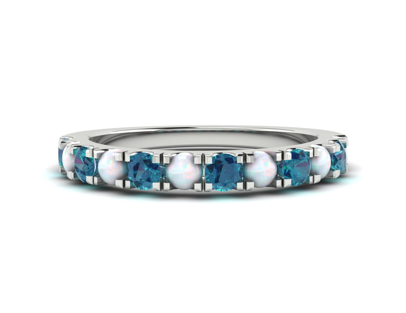 Natural Round Opal And London Blue Topaz Half Eternity Band Fine Silver Band