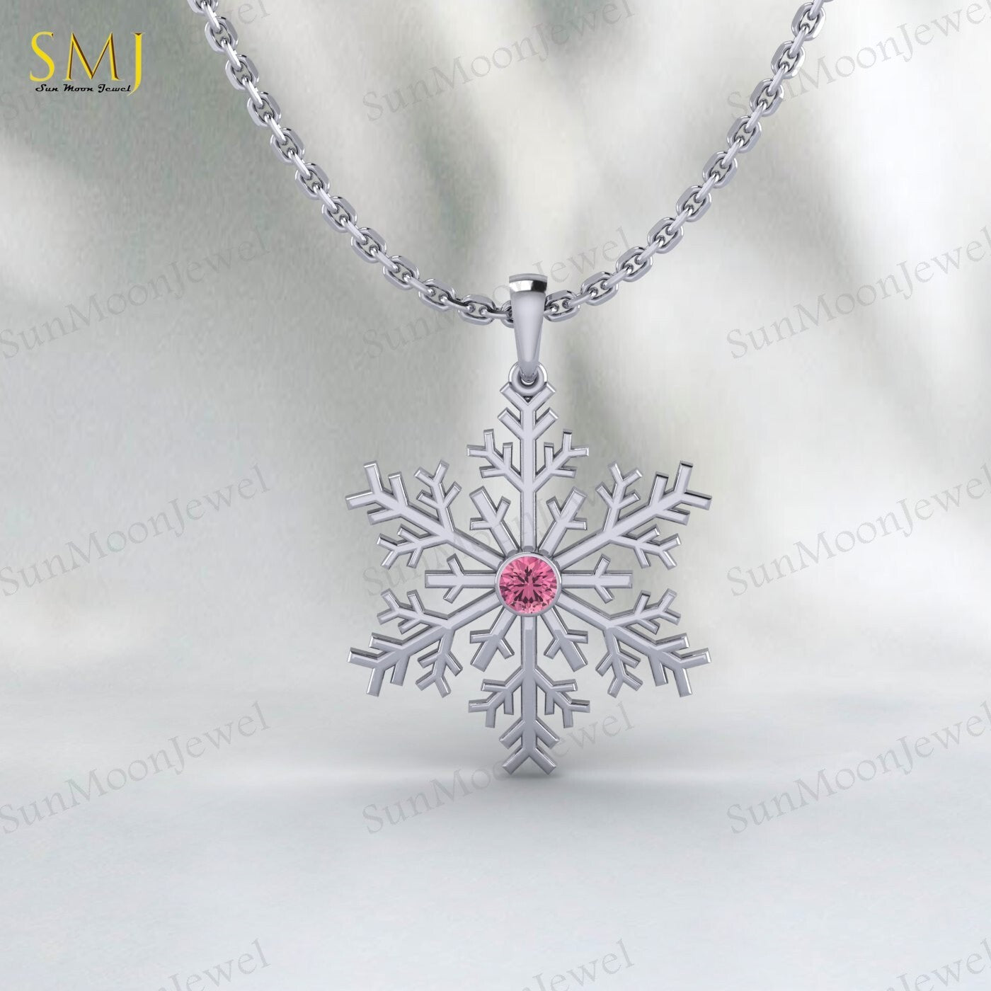 Pink Tourmaline Snowflake Necklace 925 Sterling Silver For Women Frozen Winter