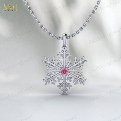 Pink Tourmaline Snowflake Necklace 925 Sterling Silver For Women Frozen Winter