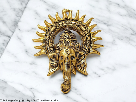 Brass Ganesha Idol with Surya Kiran Statue Hindu Ganesh Wall Decor Temple