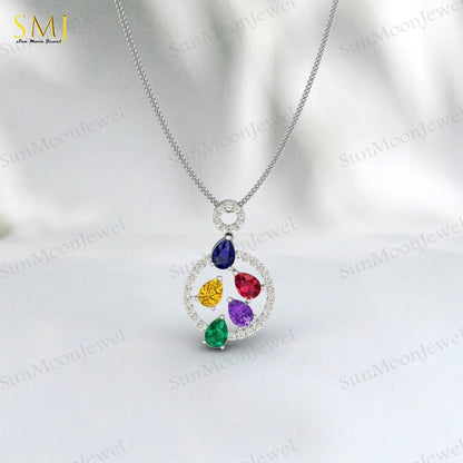 Sapphire Ruby Amethyst Citrine Emerald Multi Gemstone Pendant Sterling Silver