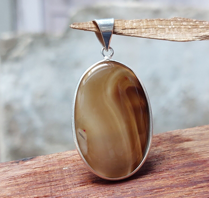 Vintage Chocolate Oval Brown Banded Agate Sterling Silver Pendant,Bezel Pendant