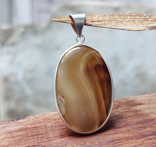 Vintage Chocolate Oval Brown Banded Agate Sterling Silver Pendant,Bezel Pendant