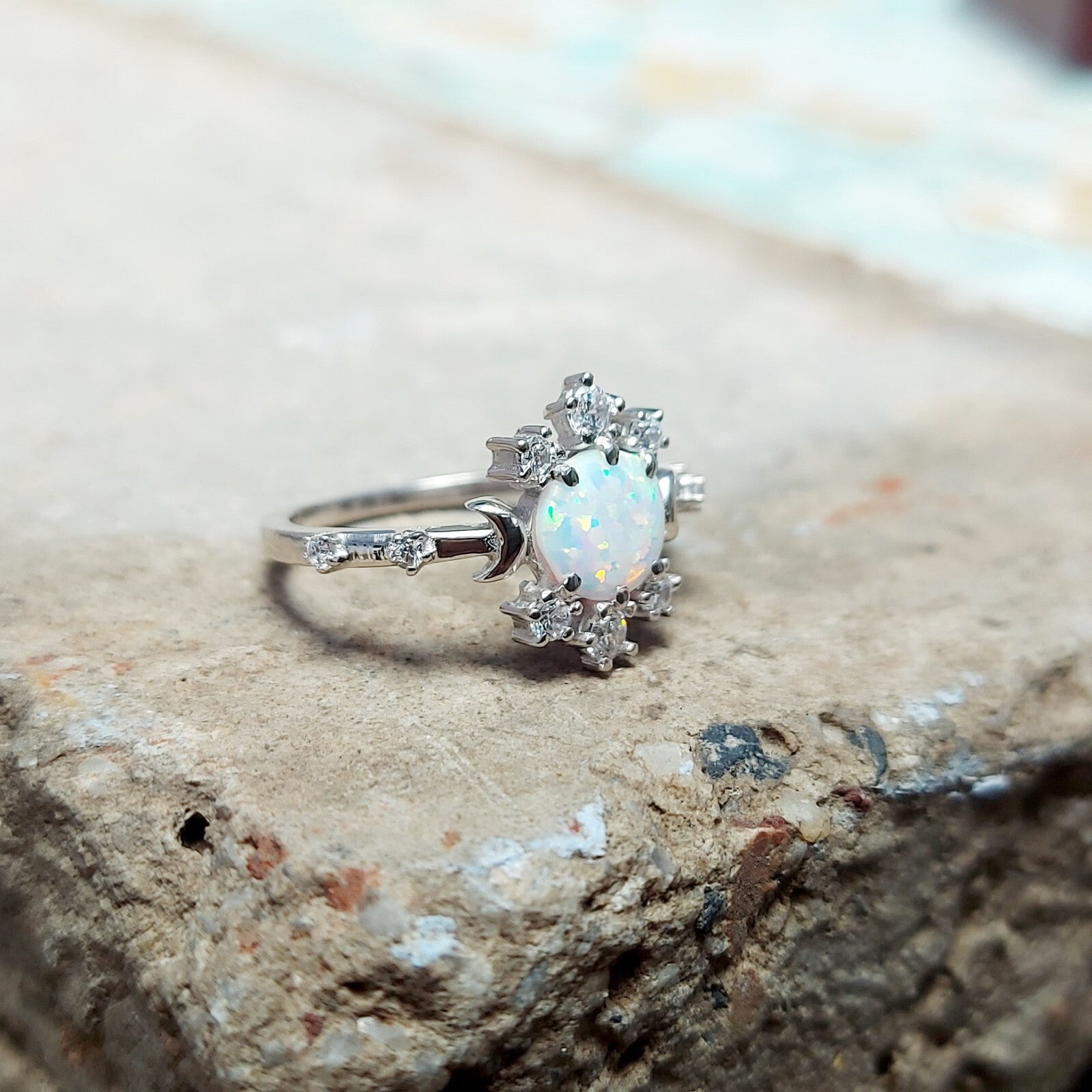 Natural Opal Ring Round Cut CZ Cluster 925 Silver Gift Ring US5~15 Vintage Look