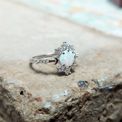 Natural Opal Ring Round Cut CZ Cluster 925 Silver Gift Ring US5~15 Vintage Look