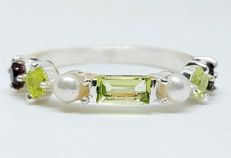 Natural Peridot 925 Silver Baguette Cut Ring Minimalist Green Stone Band US5~15