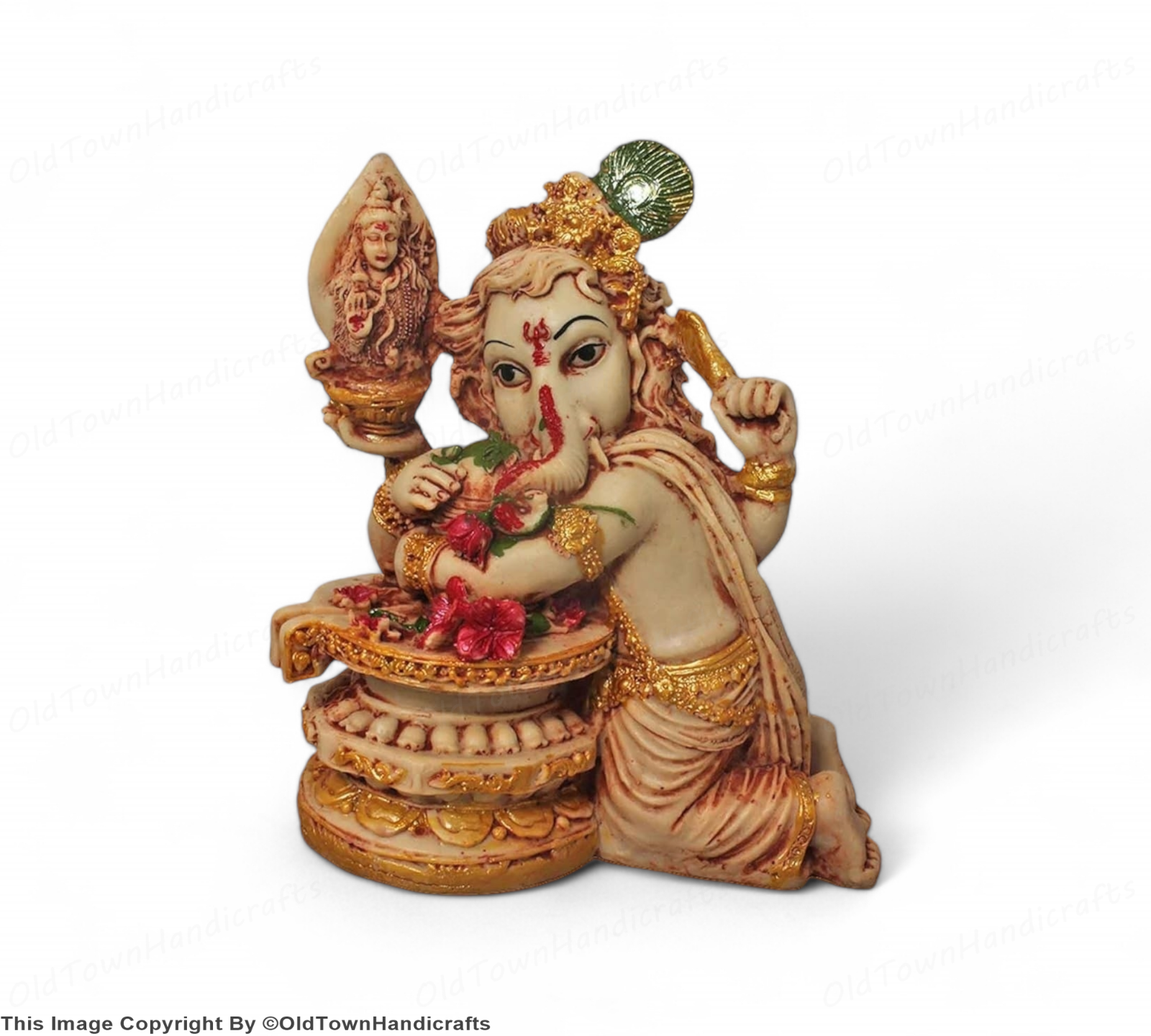 Ganesha with Shivling Statue Ganesh Cream Golden Decor Gift for Home & Office