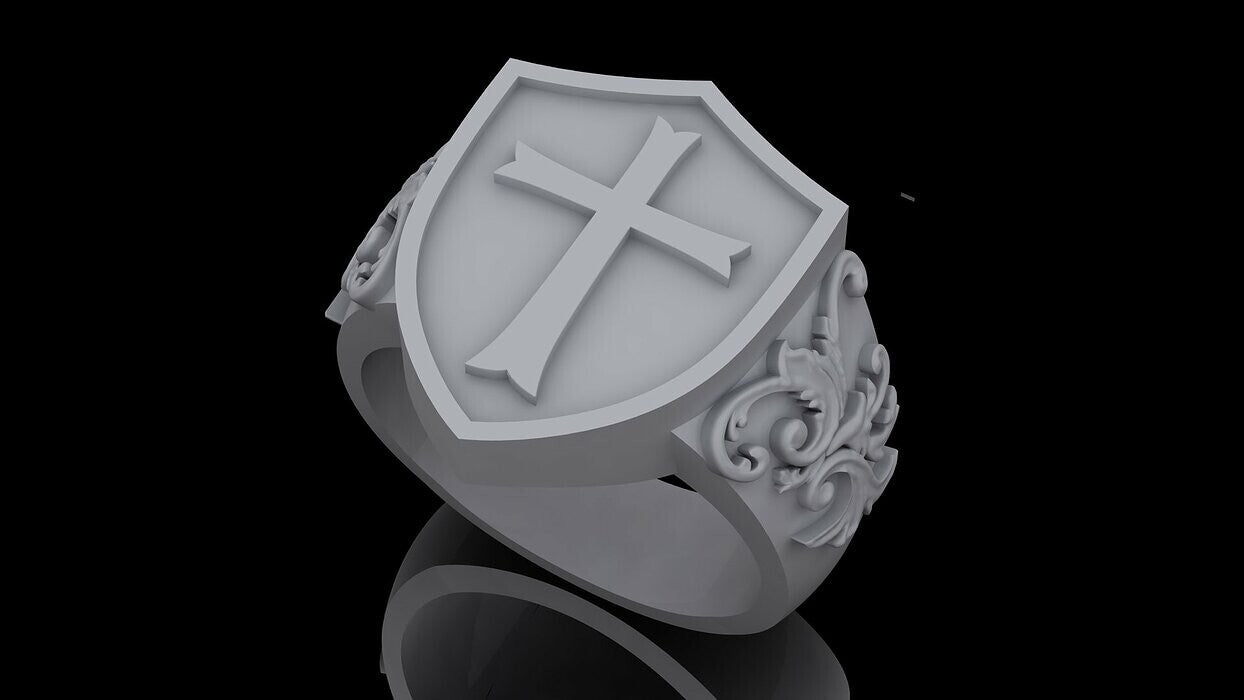 Medieval Shield Cross Ring 925 Sterling Silver Ring US5~15 Bold Gift For Unisex