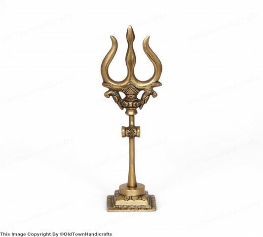 Brass Trishul with Damru Handcrafted Trishul Figurine Unique Gold Home Decor