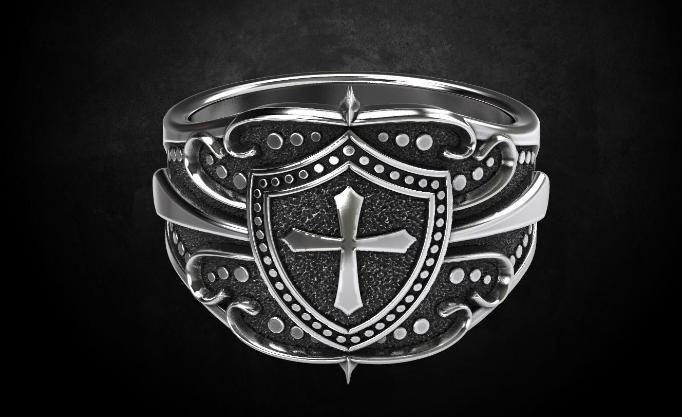 Crusader Shield Ring Silver Cross Religious Jewelry for Him US 7-15 Unisex Gift