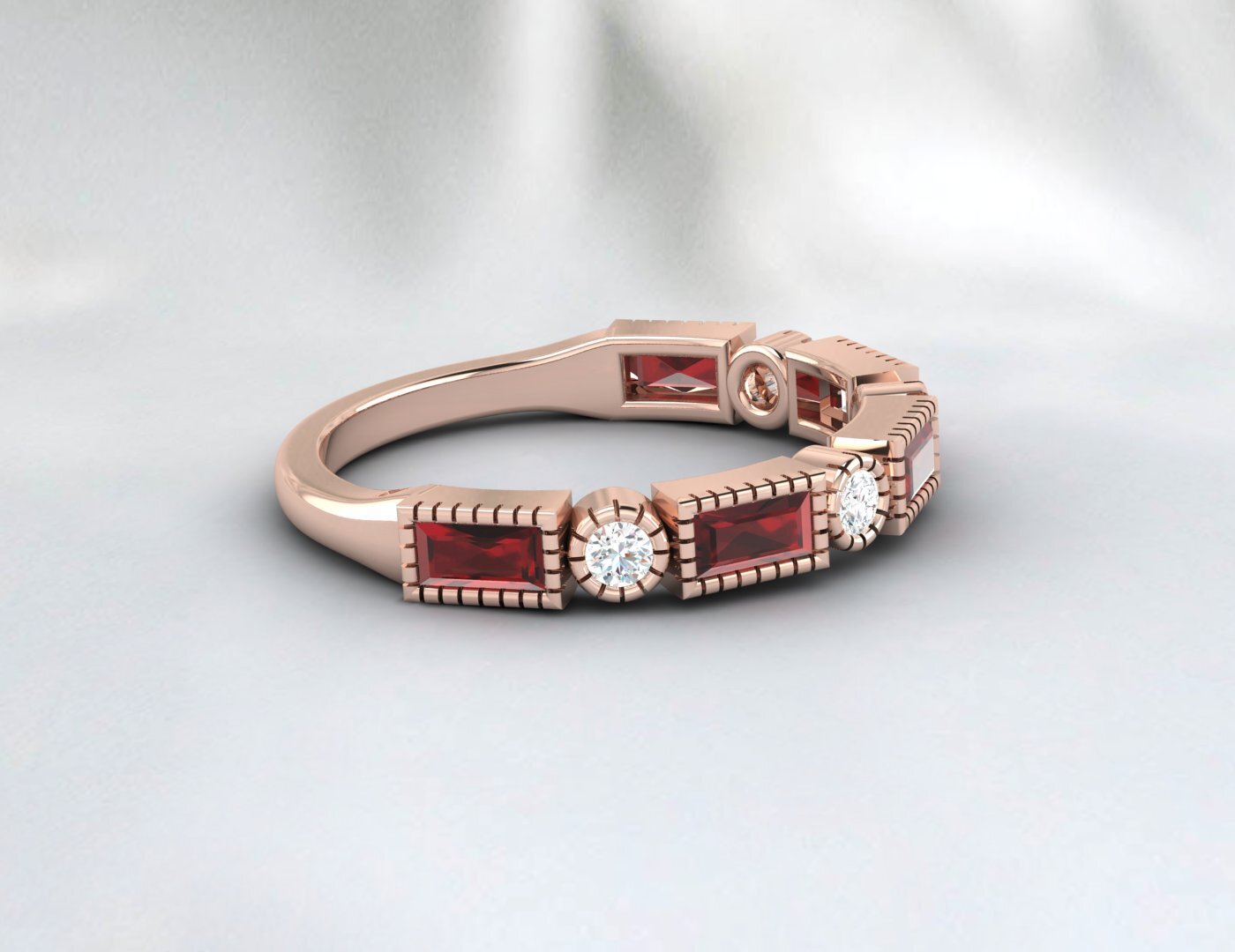 Natural Baguette Cut Red Garnet & Cubic Zirconia Half Eternity Fine Silver Band