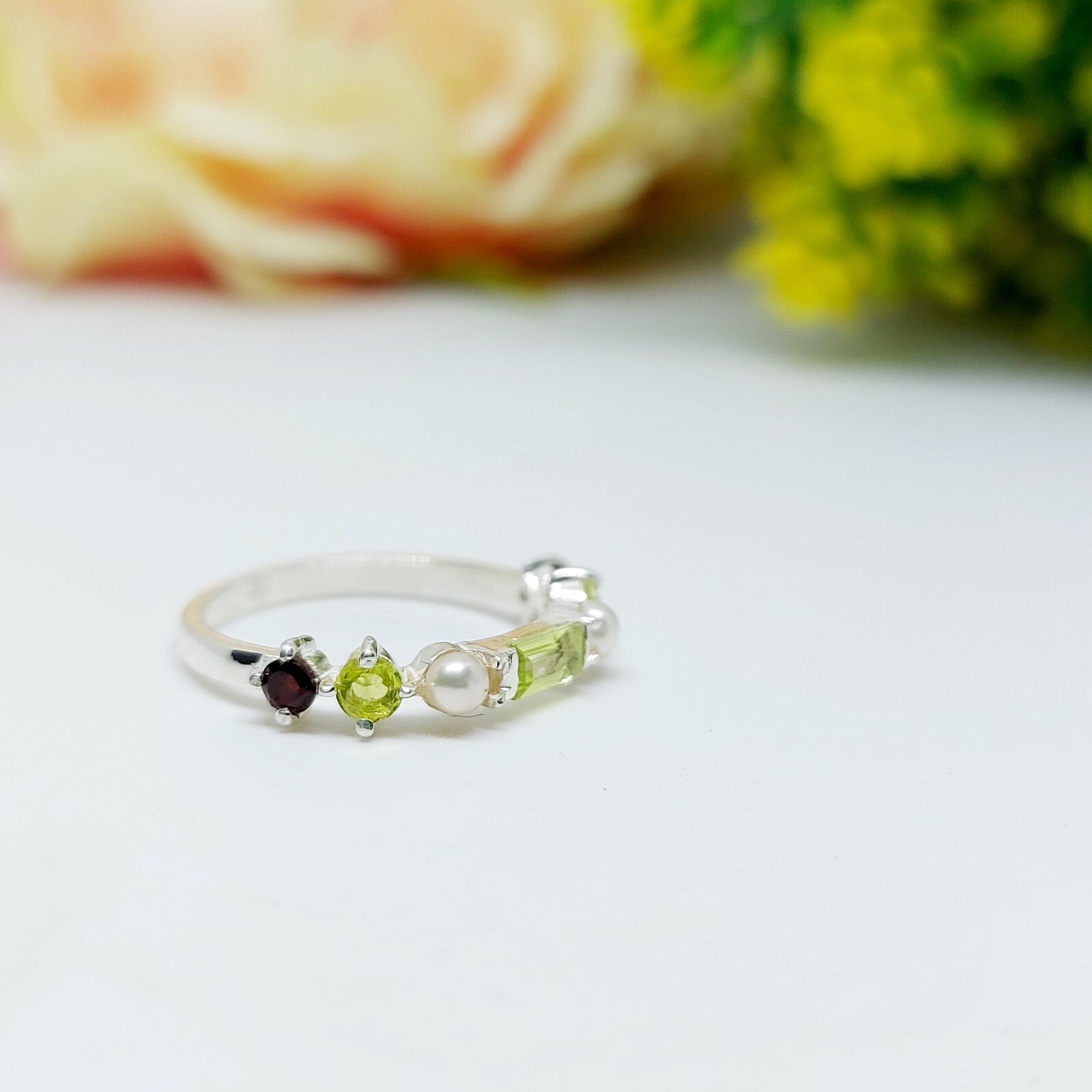 Natural Peridot 925 Silver Baguette Cut Ring Minimalist Green Stone Band US5~15