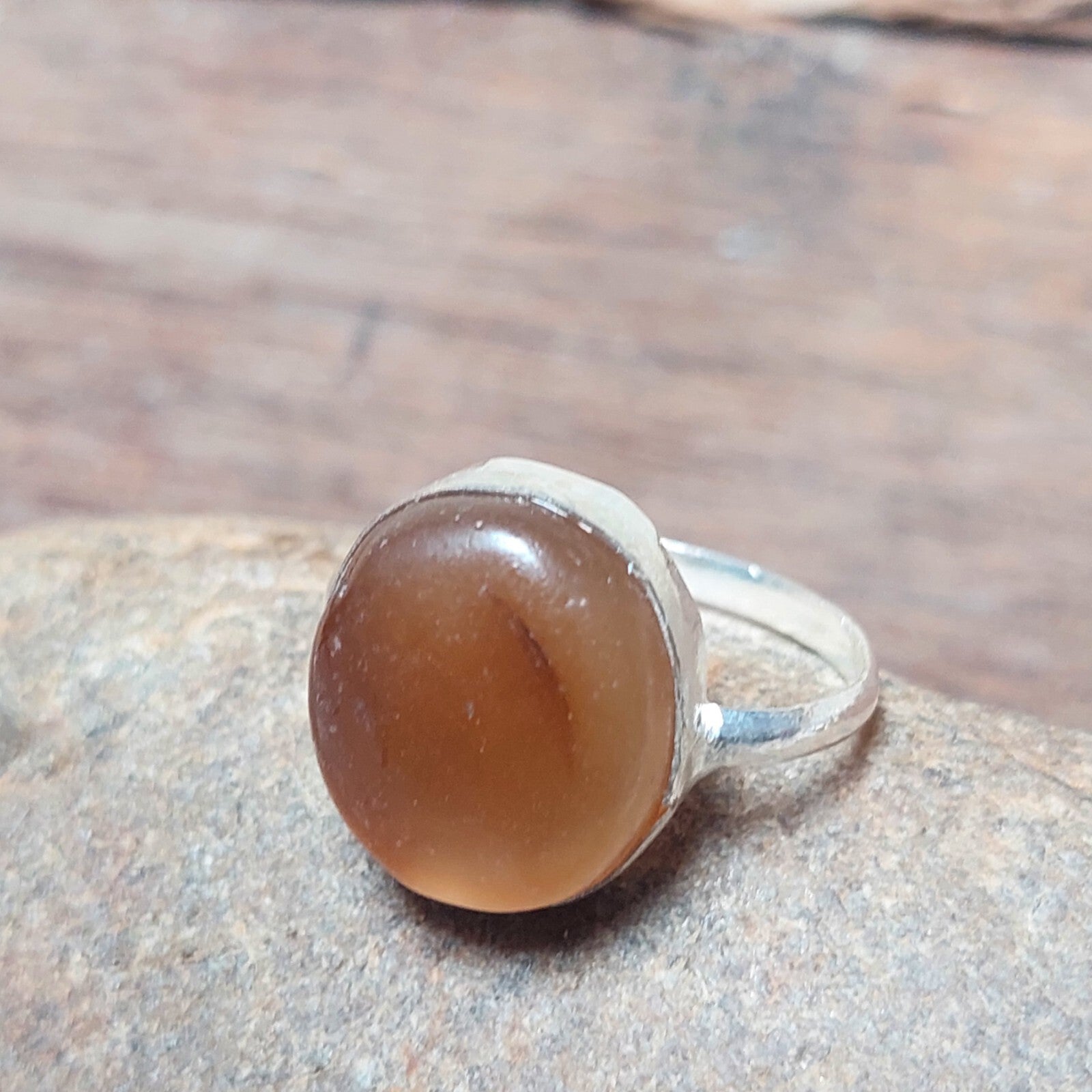 925 Sterling Silver Round Brown Agate Slice ring,Natural Brown Agate Jewelry