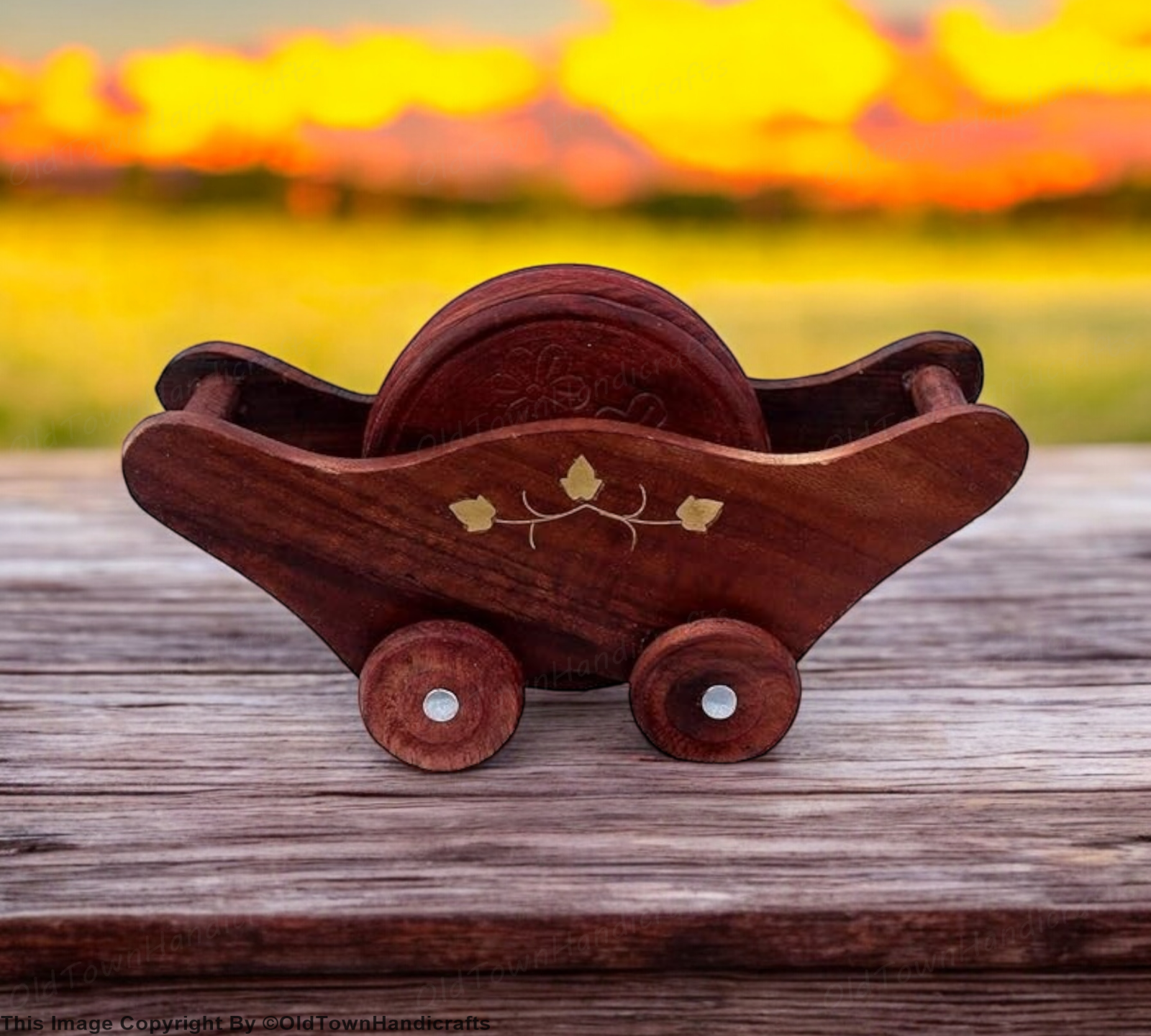 Wooden Trolley Tea Coaster Set of 6 Handcrafted Sheesham Wood for Home & Kitchen