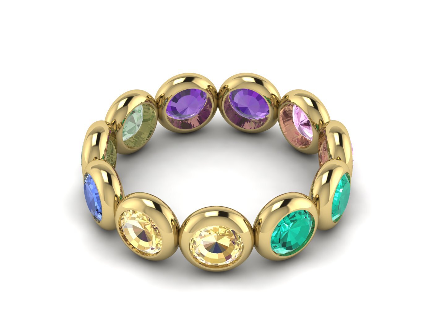 Natural Round Multi Gemstone Wedding Band Fine Silver Bezal Set Eternity Band