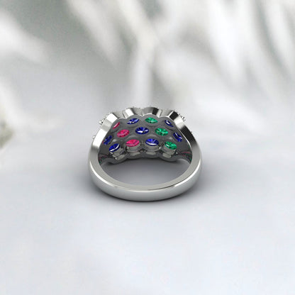 Natural Oval Cut Blue Sapphire 925 Sterling Silver Ruby & Emerald Antique Ring 