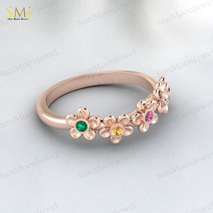 Natural Peridot Tourmaline Citrine Emerald Mutistone Flower Band in 925 Silver