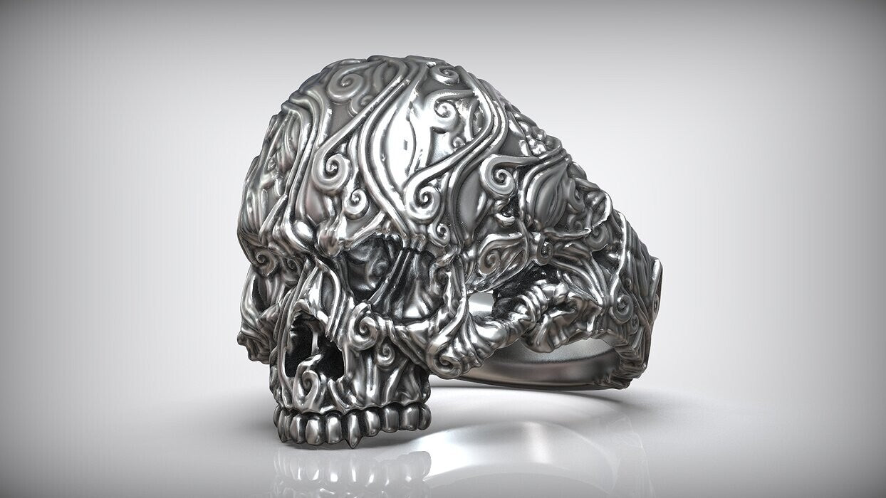 925 Sterling Silver Skull Head Sea Wave Ring US7~13 Oxidized Biker Rider Ring
