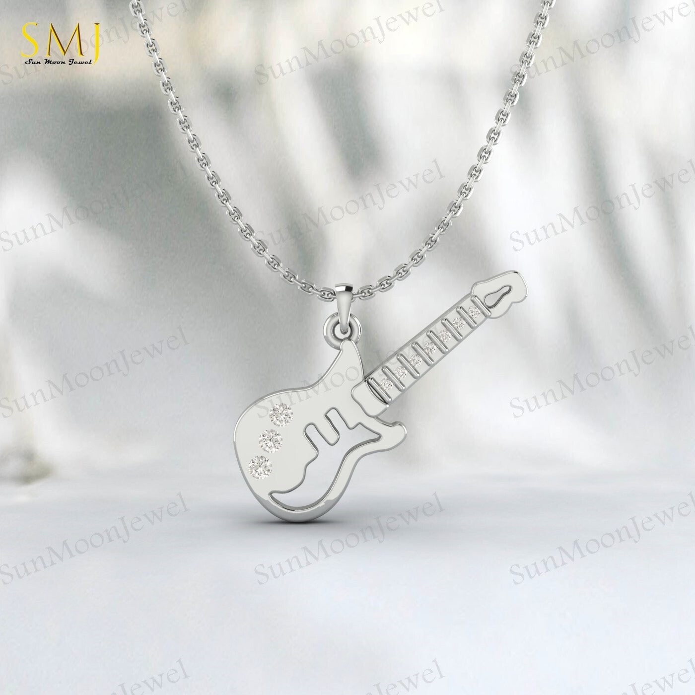 Lab Diamond Guitar Necklace Kids Jewelry Charm Guitar Necklace 925 Silver