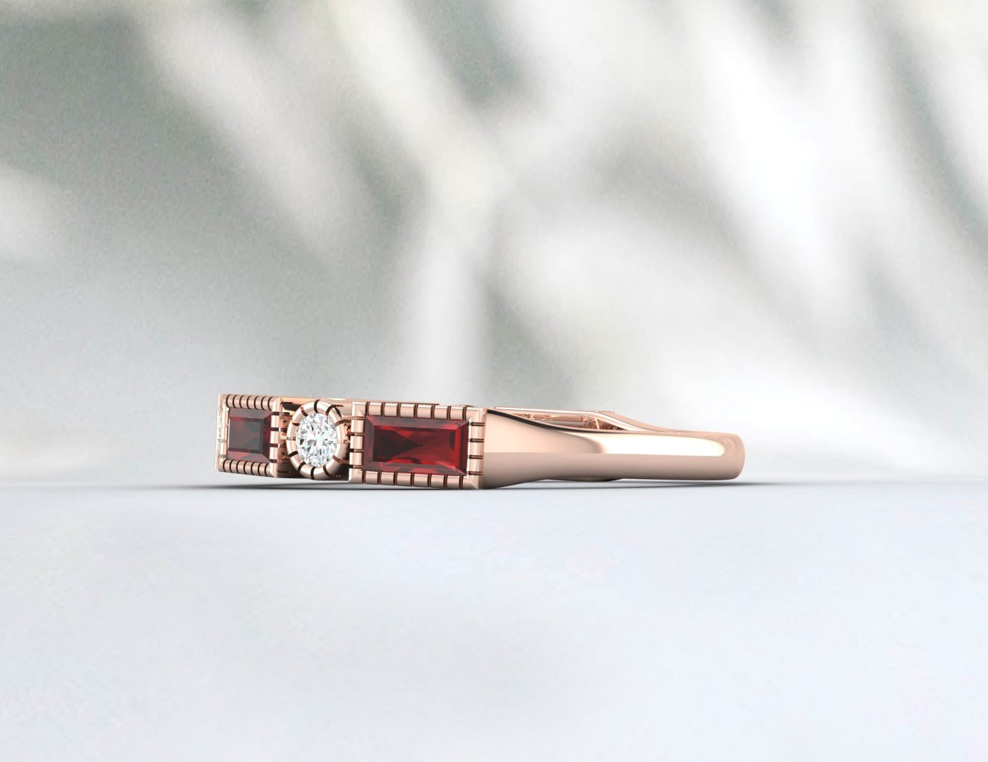 Natural Baguette Cut Red Garnet & Cubic Zirconia Half Eternity Fine Silver Band