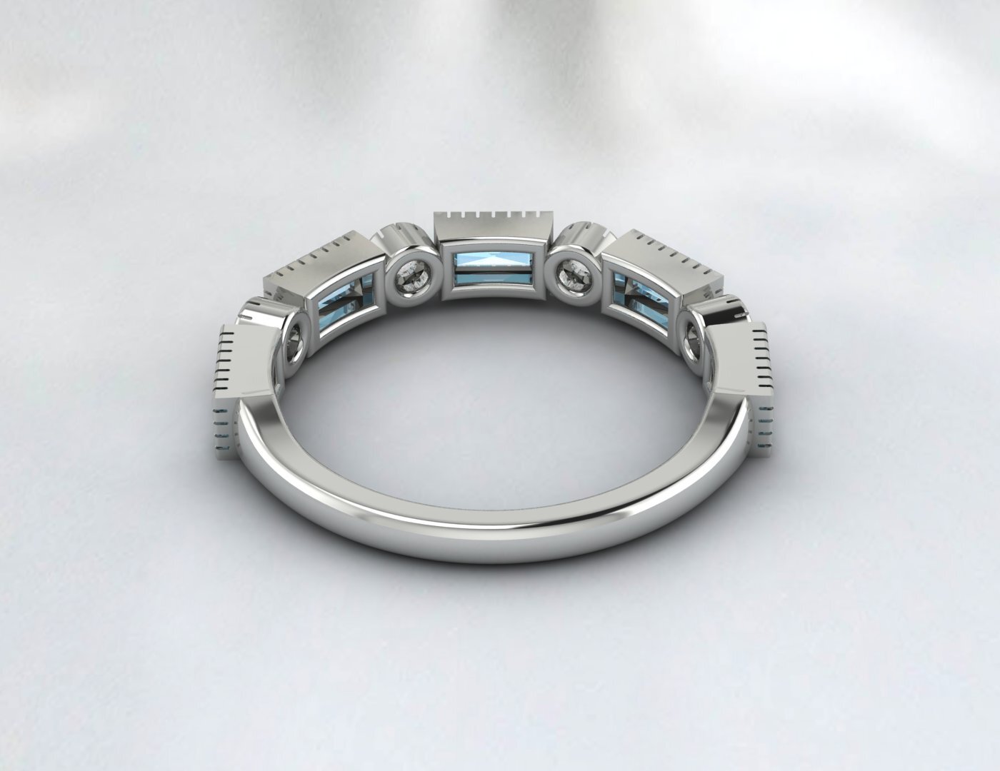 Natural Baguette Blue Aquamarine & Cubic Zirconia Half Eternity Fine Silver Band