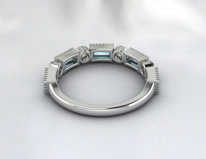 Natural Baguette Blue Aquamarine & Cubic Zirconia Half Eternity Fine Silver Band