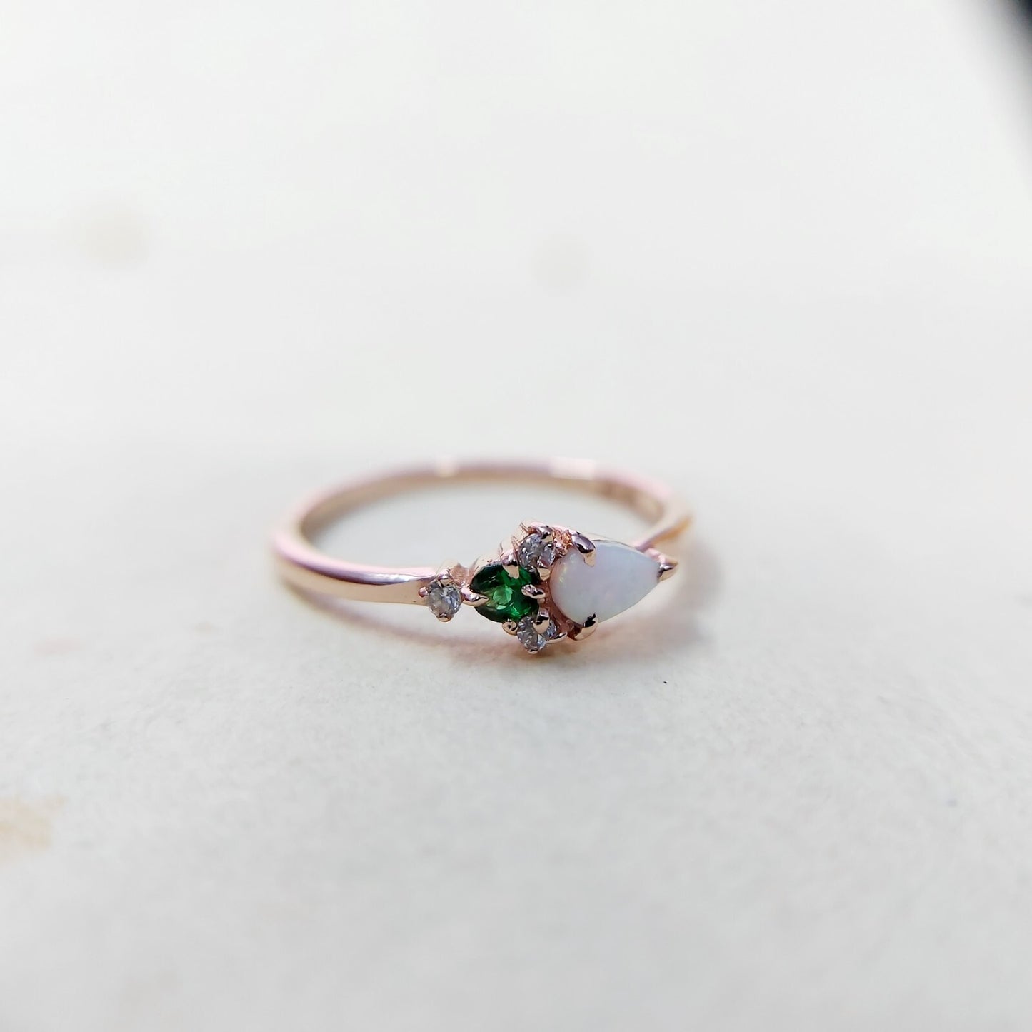 Pear Opal and Round Emerald Cluster Ring Silver Vintage Engagement Band Us5~ 15