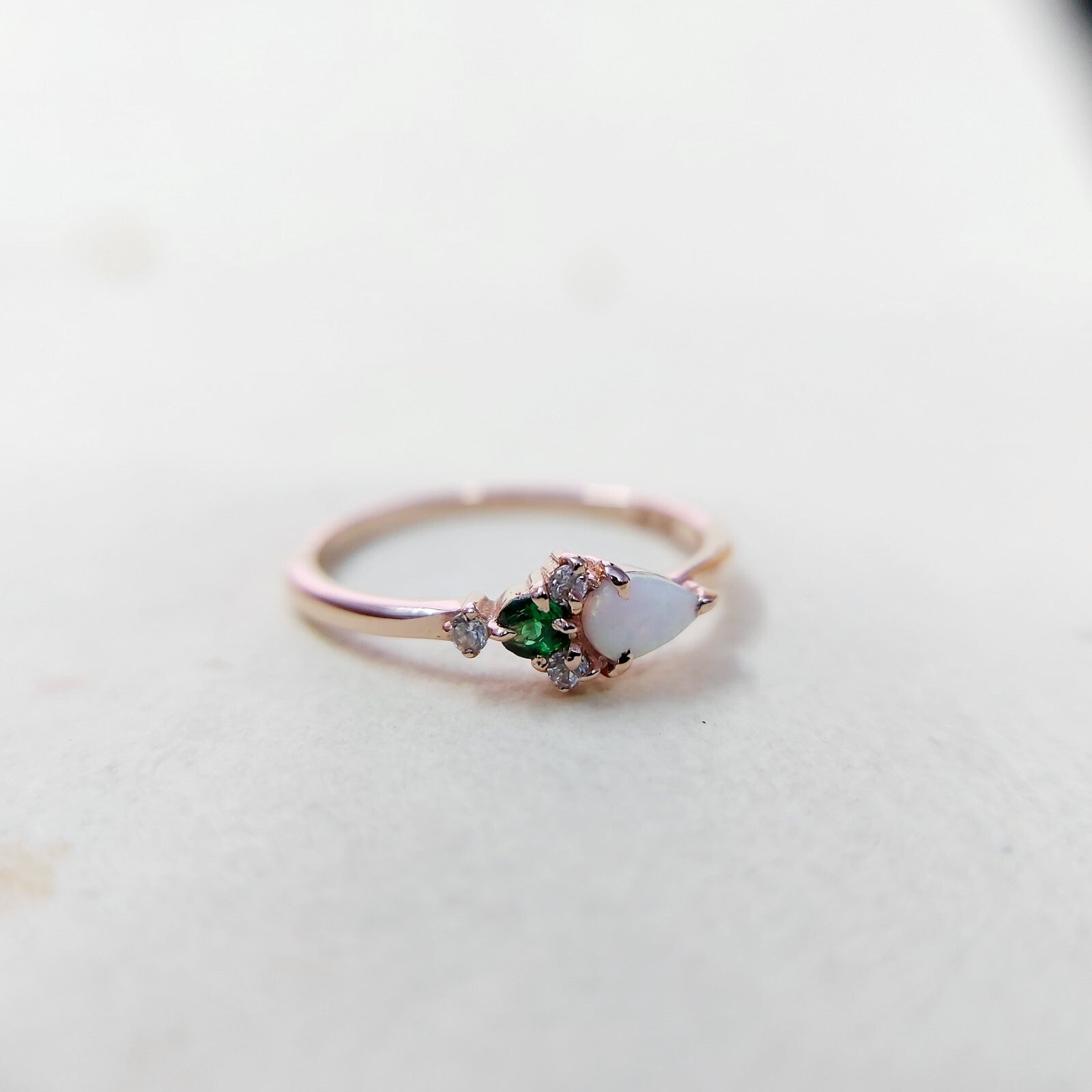 Pear Opal and Round Emerald Cluster Ring Silver Vintage Engagement Band Us5~ 15