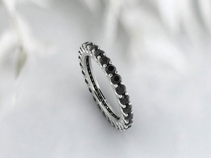 Natural Round Black Onyx Band Eternity Stacking Promise Fine Silver Band