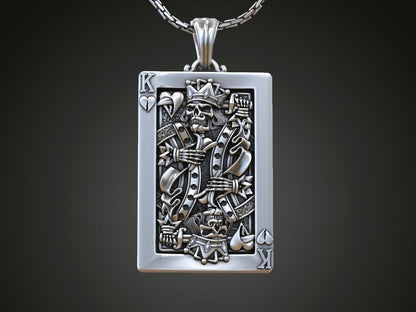 Silver Playing Card Undead King of Hearts Pendant Gift For Women Men Necklace