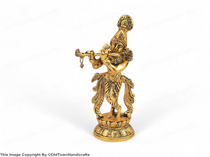 Krishna Handcrafted Brass Lord Krishna Idol with Flute Decorative Showpiece