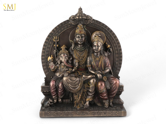 Shiv Family Copper Finish Sitting Shiva Parvati Ganesh Home Temple Decor Gift